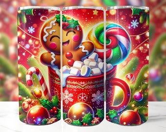 May include: A cylindrical tumbler featuring a festive holiday design with a smiling gingerbread person in a red mug filled with marshmallows, a colorful lollipop, candy canes, holly leaves, red ornaments, and glowing Christmas lights.