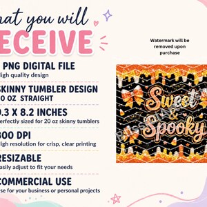 May include: A digital file for a 20 oz straight skinny tumbler featuring a black background with orange glitter drips, candy corn, and bats. The text reads Sweet and Spooky in a glittery orange font. The design measures 9.3 by 8.2 inches.