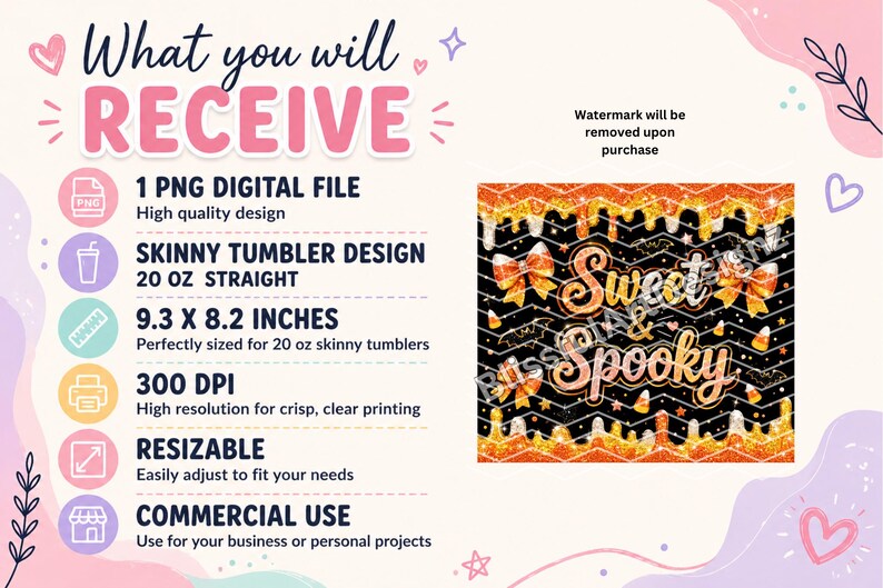 May include: A digital file for a 20 oz straight skinny tumbler featuring a black background with orange glitter drips, candy corn, and bats. The text reads Sweet and Spooky in a glittery orange font. The design measures 9.3 by 8.2 inches.