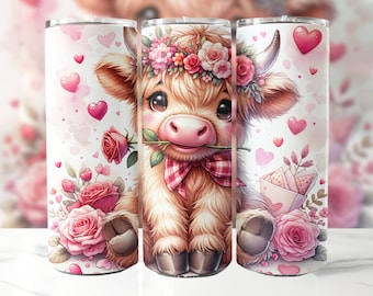 Highland Cow Valentine Tumbler Wrap, 20 oz Skinny Tumbler Sublimation Design, Valentine Tumbler Wrap, Highland Cow Tumbler, Digital Download
