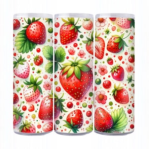 May include: Three stainless steel tumblers with a white background and a repeating pattern of red strawberries, green leaves, and pink flowers.