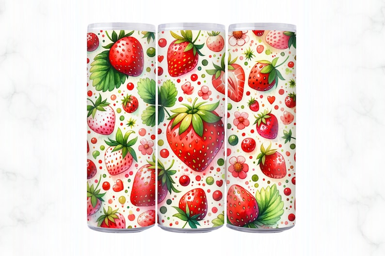 May include: Three stainless steel tumblers with a white background and a repeating pattern of red strawberries, green leaves, and pink flowers.