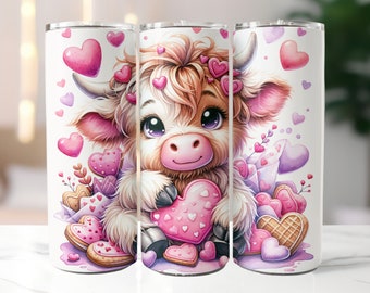 Highland Cow Valentine Cookie 20 oz Skinny Tumbler Sublimation Design, Highland Cow Tumbler Wrap, Valentine Tumbler Wrap, Digital Download