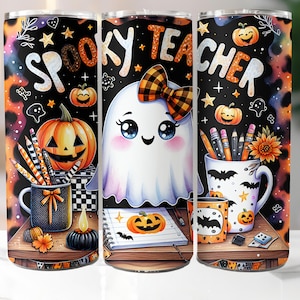 May include: A tumbler featuring a Halloween-themed design with the words "Spooky Teacher". The design includes a cute ghost with a plaid bow, pumpkins, pencils, and a coffee mug with bats. The background has a black and orange leopard print.