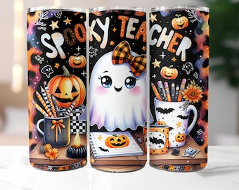 May include: A tumbler featuring a Halloween-themed design with the words "Spooky Teacher". The design includes a cute ghost with a plaid bow, pumpkins, pencils, and a coffee mug with bats. The background has a black and orange leopard print.
