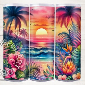 May include: A cylindrical tumbler featuring a vibrant tropical sunset scene. Palm trees, colorful flowers, and ocean waves are depicted in a watercolor style. The tumbler has the text "Blissful Designz Art".