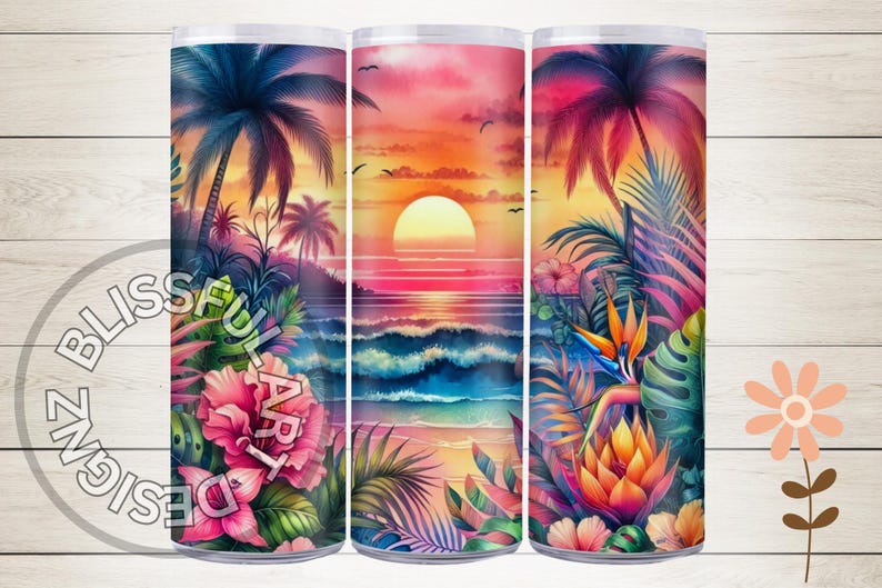 May include: A cylindrical tumbler featuring a vibrant tropical sunset scene. Palm trees, colorful flowers, and ocean waves are depicted in a watercolor style. The tumbler has the text "Blissful Designz Art".