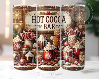 May include: A cylindrical tumbler featuring a festive holiday design with the text HOT COCOA BAR. The graphic displays mugs of hot chocolate with whipped cream, candy canes, a gingerbread man, chocolate bars, and marshmallows on a wooden surface.