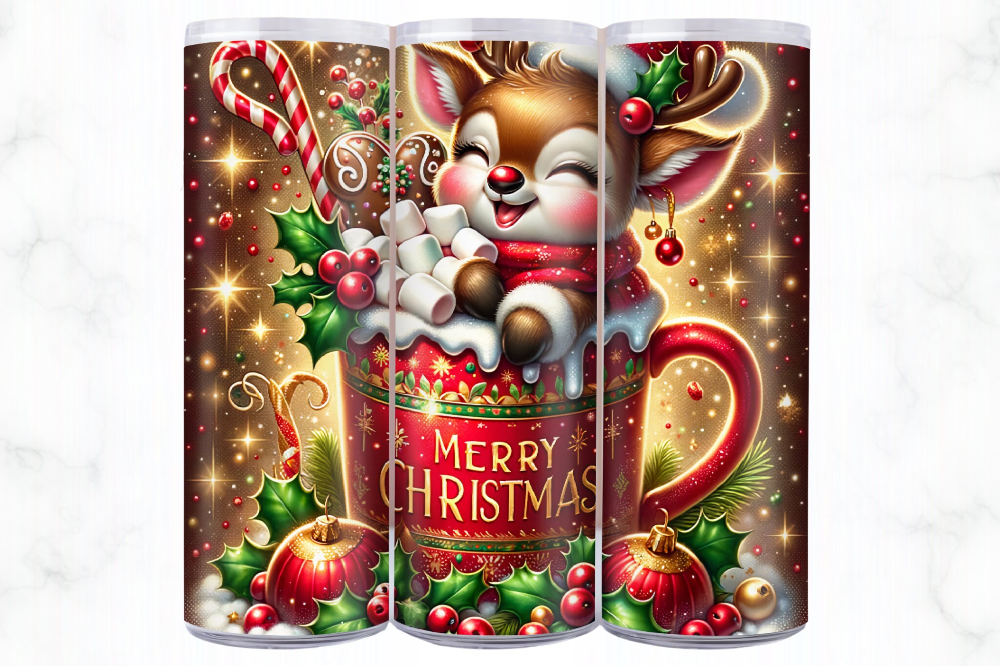 Christmas Reindeer Hot Chocolate 20oz Skinny Tumbler Sublimation Design ...