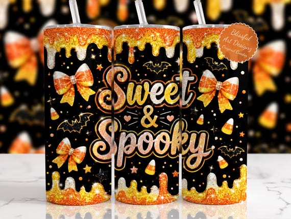 Sweet and Spooky Tumbler Wrap, 20 oz Skinny Halloween Tumbler Sublimation Design, Candy Corn Bow PNG, Spooky Digital Download