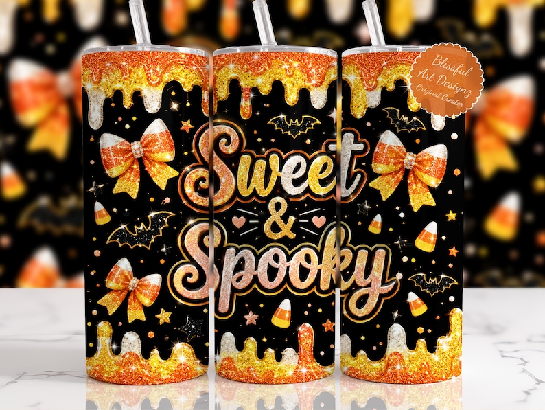 May include: A cylindrical tumbler with a straw featuring a black background, orange and yellow glitter drips, candy corn bows, bats, and stars. The text reads Sweet & Spooky in glittery orange and white script. A circular logo is in the top right.