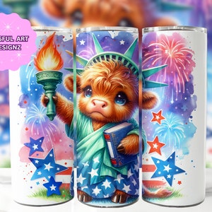 Highland Cow 4th Of July 20 oz Skinny Tumbler Sublimation Design, Highland Cow Tumbler Wrap, 4th Of July Tumbler Wrap, Digital Download