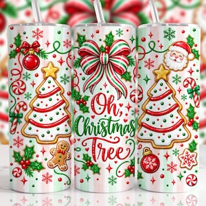 May include: A cylindrical tumbler with a clear straw featuring a Christmas pattern of gingerbread trees, gingerbread people, Santa Claus faces, candy canes, red ornaments, holly, and snowflakes. The text reads Oh, Christmas Tree.