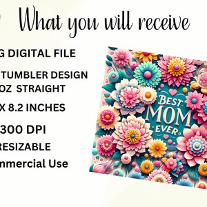 3D Best Mom Ever 20 Unze Skinny Tumbler Sublimation Design, Muttertag Tumbler Wrap, Mom Tumbler Wrap, Best Mom PNG, digitaler Download Bild 2