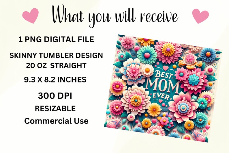 3D Best Mom Ever 20 Unze Skinny Tumbler Sublimation Design, Muttertag Tumbler Wrap, Mom Tumbler Wrap, Best Mom PNG, digitaler Download Bild 2