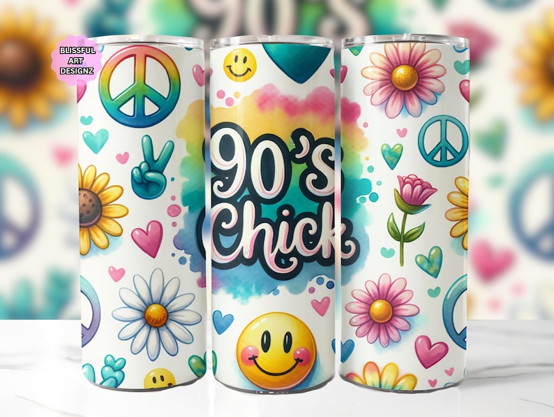 Retro 90s Smiley Face Tumbler Wrap PNG, Peace Sign Daisy Aesthetic 20oz ...