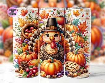Thanksgiving Turkey Tumbler Wrap, Pilgrim Turkey 20oz Skinny Tumbler Sublimation Design, Fall Harvest Pumpkin Digital Download