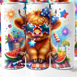 Cute 4th Of July Highland Cow 20 oz Skinny Tumbler Sublimation Design, Highland Cow Tumbler Wrap, 4th Of July Tumbler Wrap, Digital Download