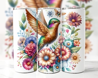 Floral Bronze Hummingbird Tumbler Wrap, 20 oz Skinny Tumbler Sublimation Design, Instant Download