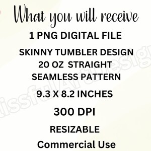 K&ouml;nnte beinhalten: Eine digitale Datei mit zwei rosa Herzen und dem Text: What you will receive, 1 PNG DIGITAL FILE, SKINNY TUMBLER DESIGN, 20 OZ STRAIGHT, SEAMLESS PATTERN, 9.3 X 8.2 INCHES, 300 DPI, RESIZABLE, Commercial Use. Der Text ist schwarz auf hellem Grund.