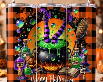 Diseño de vaso de bruja, vaso delgado de 20 oz con diseño de sublimación para Halloween, imagen PNG de Feliz Halloween, descarga digital de caldero de pociones