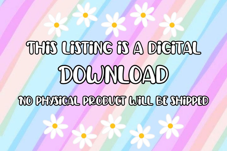 K&ouml;nnte beinhalten: Eine Grafik f&uuml;r einen digitalen Download mit einem regenbogenfarbenen gestreiften Hintergrund und wei&szlig;en G&auml;nsebl&uuml;mchen. Der Text lautet "Diese Anzeige ist ein digitaler Download. Es wird kein physisches Produkt versandt."