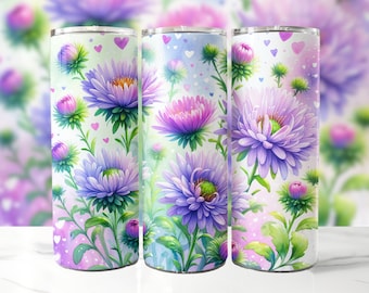 Purple Aster Flowers Tumbler Wrap, 20 oz Skinny Tumbler Sublimation Design, Flower Tumbler Wrap, Spring Tumbler Wrap, Digital Download