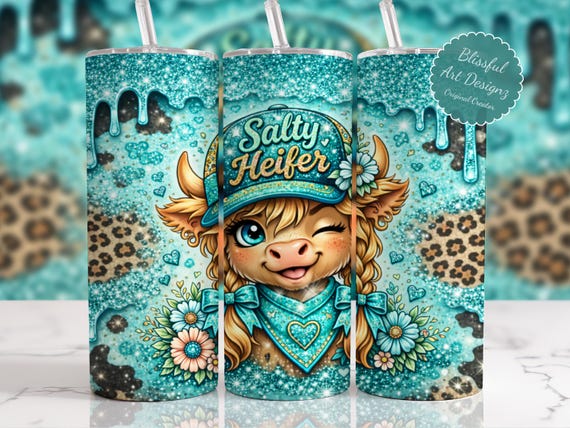 Teal Salty Heifer Tumbler Wrap PNG, Funny Highland Cow 20oz Skinny Tumbler Sublimation Design, Sarcastic Cow PNG, Instant Digital Download