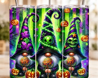 Diseño de sublimación para vaso con gnomos de Halloween, vaso delgado de 20 oz, gnomo bruja espeluznante con calabaza PNG, descarga digital