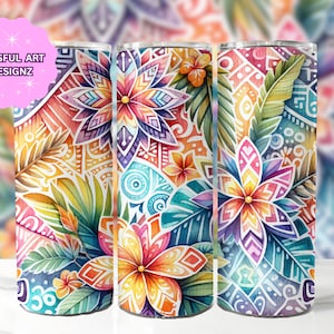 May include: Three stainless steel tumblers with a colorful floral and geometric pattern. The pattern features bright colors like pink, blue, green, yellow, and orange. The design is reminiscent of a tropical paradise.