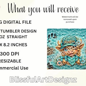 May include: Digital design for a skinny tumbler. The design features a cartoon cow wearing a cap and bandana, with the text "Salty Heifer". The design is 9.3 x 8.2 inches.