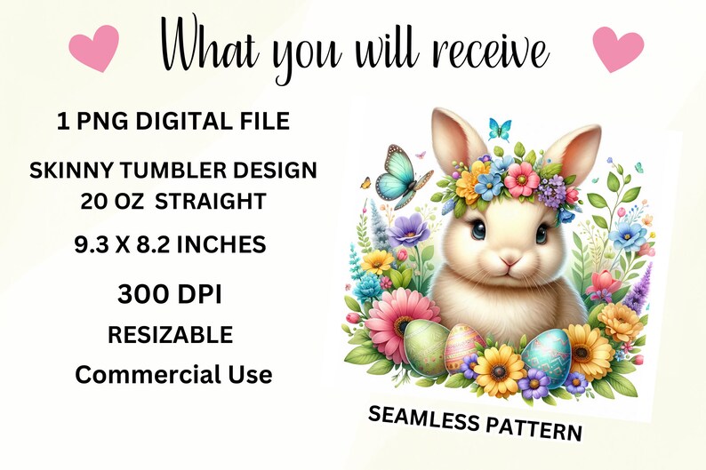 May include: A digital design featuring a white bunny wearing a flower crown and surrounded by colorful flowers and Easter eggs. The design is perfect for a skinny tumbler, measuring 9.3 inches by 8.2 inches. The design is 300 DPI and can be resized for commercial use.