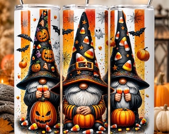 Halloween-kabouters Tumbler Wrap PNG, Spooky Gnome 20oz Skinny Tumbler sublimatieontwerp, Candy Corn Pumpkin digitale download