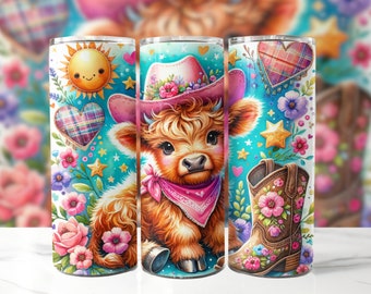 Pink Highland Cow Cowgirl 20 oz Skinny Tumbler Sublimation Design, Highland Cow Tumbler Wrap, Highland Cow PNG, Digital Download