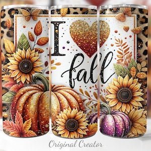 Peut inclure: Un gobelet en acier inoxydable avec un motif sur le thème de l'automne. Le gobelet présente des tournesols, des citrouilles et des feuilles d'automne, avec les mots "I love fall". Le fond comprend un imprimé léopard et des papillons.
