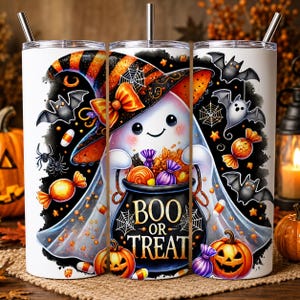 May include: A white cylindrical tumbler with a metal straw featuring a cartoon ghost wearing an orange and black striped witch hat, holding a black cauldron labeled BOO OR TREAT, surrounded by bats, spiders, candy, and jack-o'-lanterns.