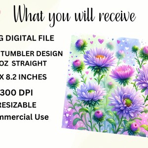 Op de afbeelding: Een digitaal ontwerp met een aquarel-illustratie van paarse en roze bloemen op een witte achtergrond met roze harten. Het ontwerp is voor een slanke tumbler van 20 ounce, met een afmeting van 9,3 inch bij 8,2 inch, en heeft een resolutie van 300 DPI. Het ontwerp is schaalbaar en voor commercieel gebruik.