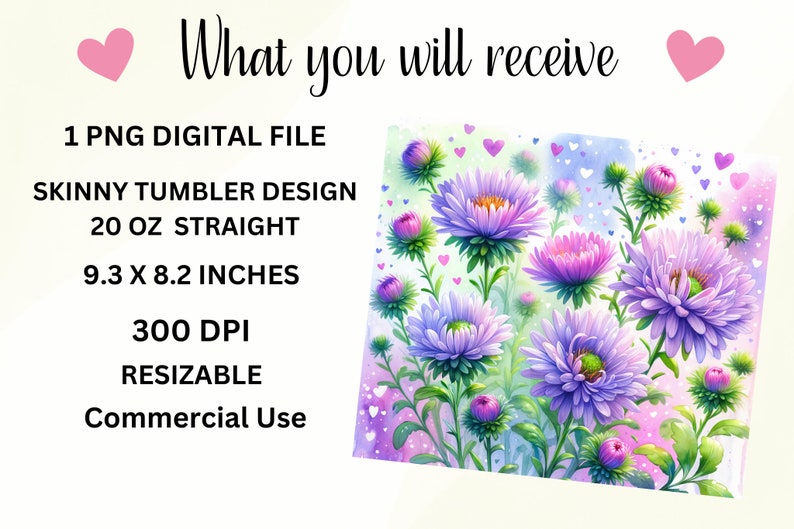 Op de afbeelding: Een digitaal ontwerp met een aquarel-illustratie van paarse en roze bloemen op een witte achtergrond met roze harten. Het ontwerp is voor een slanke tumbler van 20 ounce, met een afmeting van 9,3 inch bij 8,2 inch, en heeft een resolutie van 300 DPI. Het ontwerp is schaalbaar en voor commercieel gebruik.