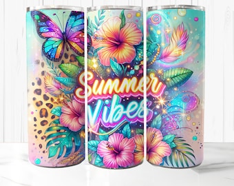Sommarvibbar Tumbler Wrap, 20 oz smal tumbler PNG hibiskus sublimeringsdesign tropiska blommor, sommar tumbler wrap, digital nedladdning