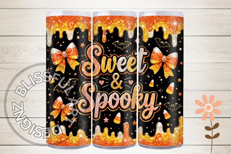 May include: A cylindrical tumbler featuring a black background with orange and gold glitter drips. The design includes the text "Sweet & Spooky" in glittery orange lettering, surrounded by candy corn bows, small bats, stars, and candy corn pieces.