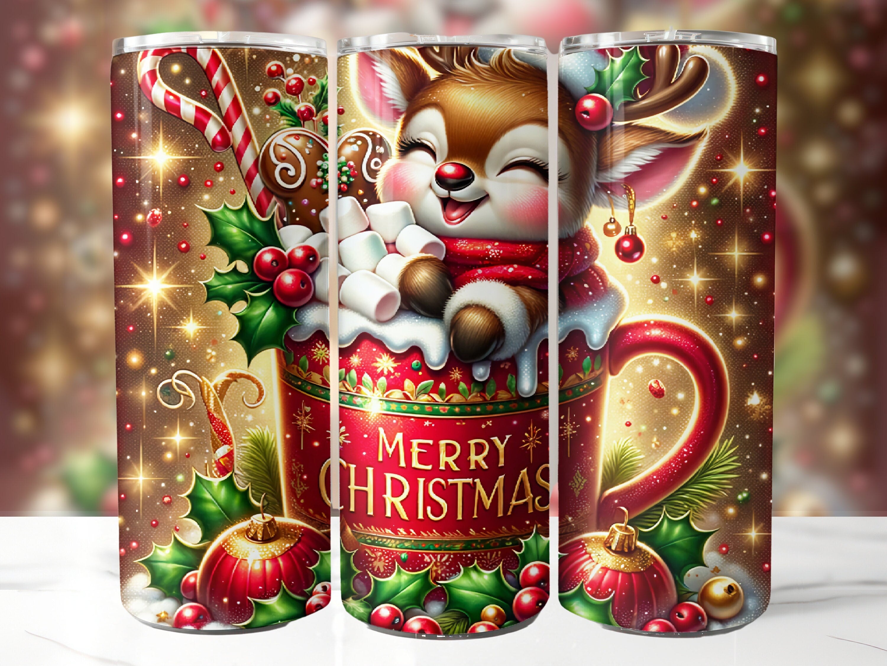 Christmas Reindeer Hot Chocolate 20oz Skinny Tumbler Sublimation Design ...