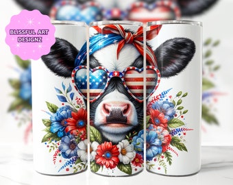 4th Of July Cow 20 oz Skinny Tumbler Sublimation Design, Cow Tumbler Wrap, Patriotic Tumbler Wrap, 4th Of July Tumbler Wrap