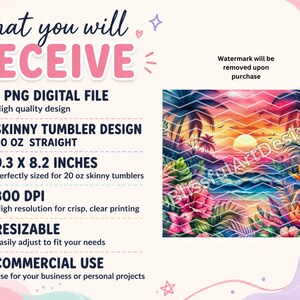 May include: A digital design for a 20 oz skinny tumbler. The design features a vibrant sunset over a tropical beach scene with palm trees, flowers, and ocean waves. The design is 9.3 x 8.2 inches and is suitable for commercial use.