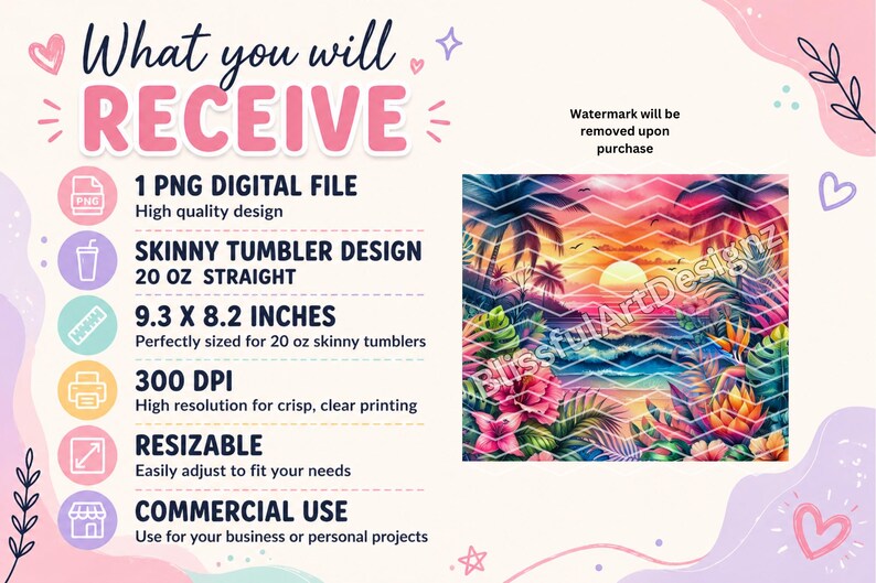 May include: A digital design for a 20 oz skinny tumbler. The design features a vibrant sunset over a tropical beach scene with palm trees, flowers, and ocean waves. The design is 9.3 x 8.2 inches and is suitable for commercial use.