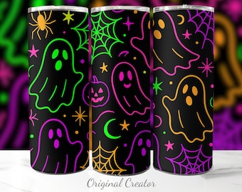 Neon Halloween Ghost Tumbler Wrap, 20oz Skinny Tumbler Sublimation Design, Retro Neon Spooky Season PNG, Digital Download