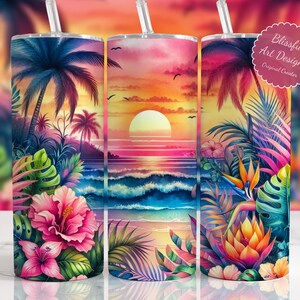 May include: Three stainless steel tumblers with tropical sunset designs. Each tumbler features a vibrant watercolor scene of palm trees, ocean waves, and a setting sun. The tumblers have a straw and the text "Blissful Art Designz Original Creator".