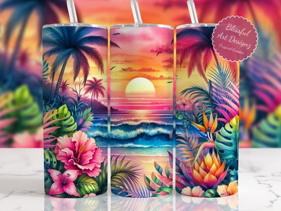 Tropical Beach Sunset Tumbler Wrap, Summer 20oz Skinny Tumbler Sublimation Design, Digital Download