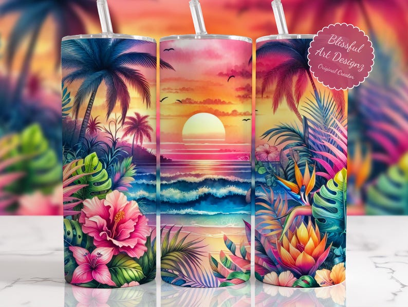 May include: Three stainless steel tumblers with tropical sunset designs. Each tumbler features a vibrant watercolor scene of palm trees, ocean waves, and a setting sun. The tumblers have a straw and the text "Blissful Art Designz Original Creator".