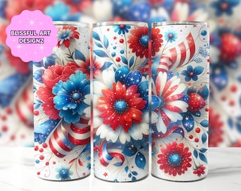 4th Of July Flowers 20 oz Skinny Tumbler Sublimation Design, Patriotic Tumbler PNG, 4th Of July Tumbler Wrap, Digital Download