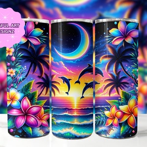 May include: A colorful tumbler with a tropical sunset scene featuring palm trees, flowers, and dolphins jumping over the waves. The background is a vibrant gradient of pink, purple, and blue with a crescent moon.